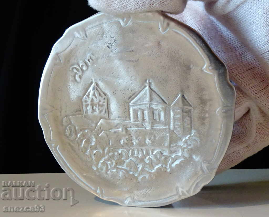 Pewter plate, embossed image of a Cathedral with price 10.00 BGN | € 5.11 Pewter plate, embossed image of a Cathedral with price 10.00 BGN | € 5.11