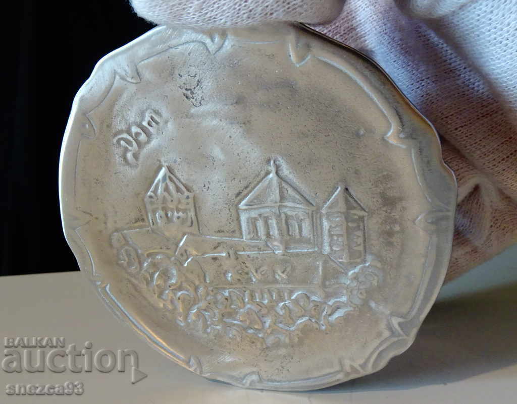 Pewter plate, embossed image of a Cathedral Pewter plate, embossed image of a Cathedral