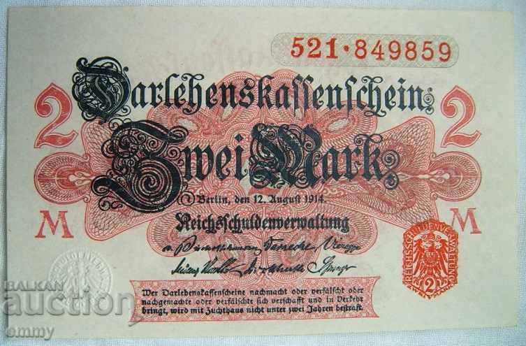 Продавам банкнота Райхсмарка 2 марки Германия 1914