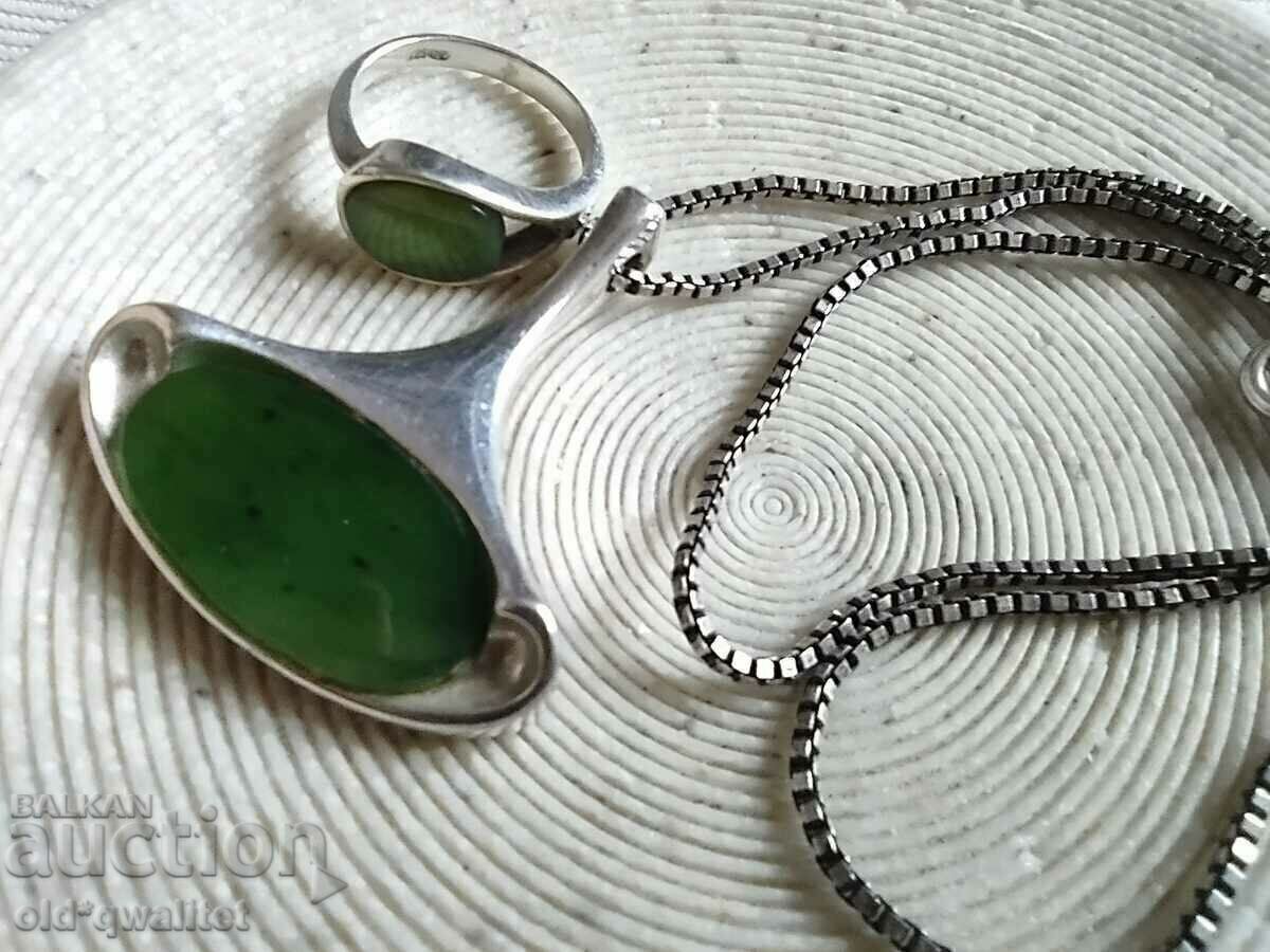 Silver NECKLACE and RING with Jade - 5 Silver NECKLACE and RING with Jade - 5