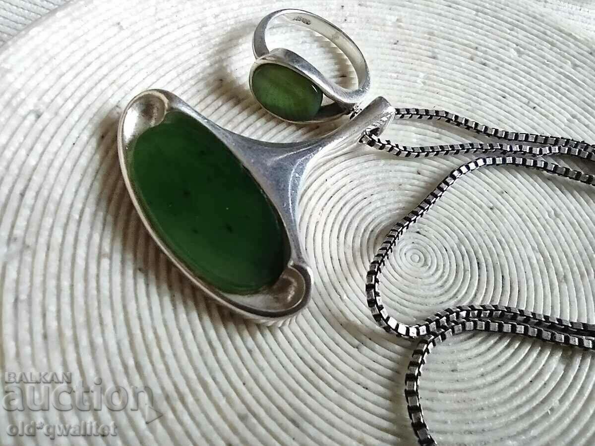 Silver NECKLACE and RING with Jade - 6 Silver NECKLACE and RING with Jade - 6