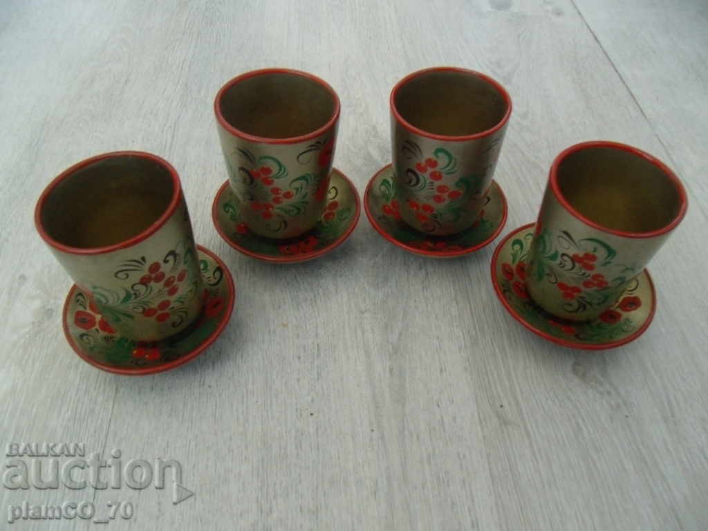 № * 5273 4 pieces of old wooden cups with coasters / plates - 5 № * 5273 4 pieces of old wooden cups with coasters / plates - 5