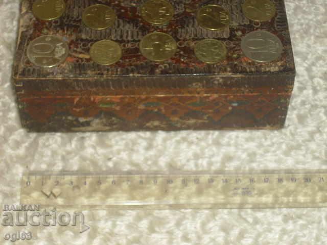 Auction Pyrographed box of coins Auction Pyrographed box of coins