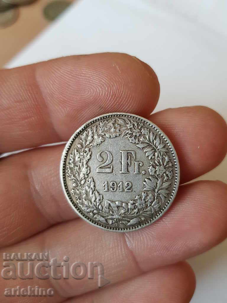 Monedă de argint rar 2 franci Elveția 1912