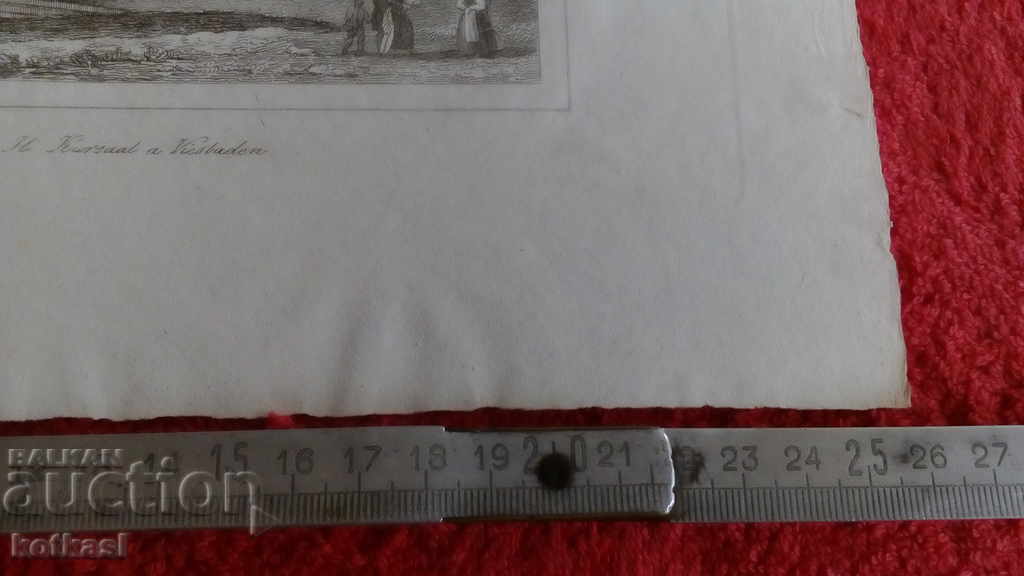 Стара гравюра литография графика Сграда Имот Дървета хора с цена € 28.50 | 55.74 лв.