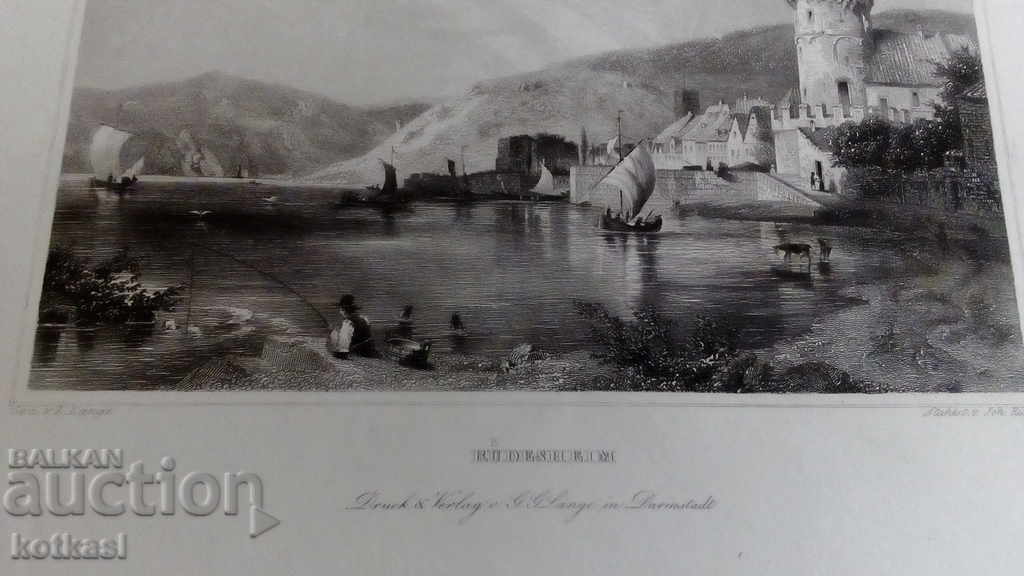 Delivery of Old engraving lithograph graphic River Tower Ships Fisherman Delivery of Old engraving lithograph graphic River Tower Ships Fisherman