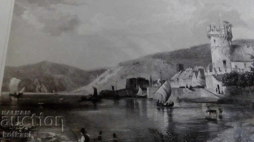 Old engraving lithograph graphic River Tower Ships Fisherman - 5 Old engraving lithograph graphic River Tower Ships Fisherman - 5