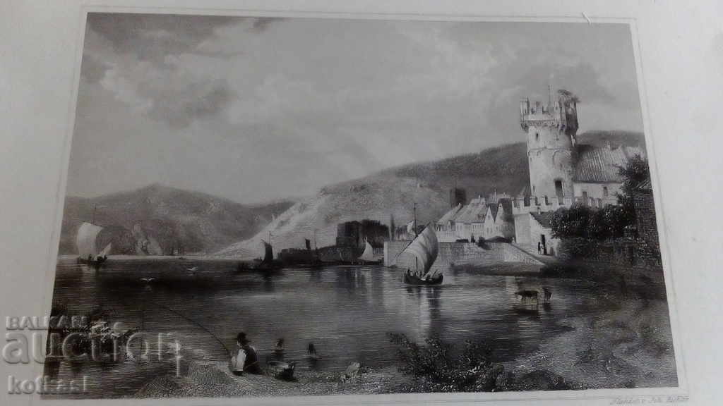 Old engraving lithograph graphic River Tower Ships Fisherman - 6 Old engraving lithograph graphic River Tower Ships Fisherman - 6