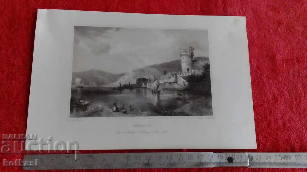 Gravura veche litografie grafică River Tower Nave Pescar