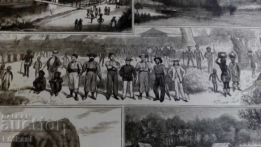 Стара гравюра литография графика Остров Кораби мъже - 6