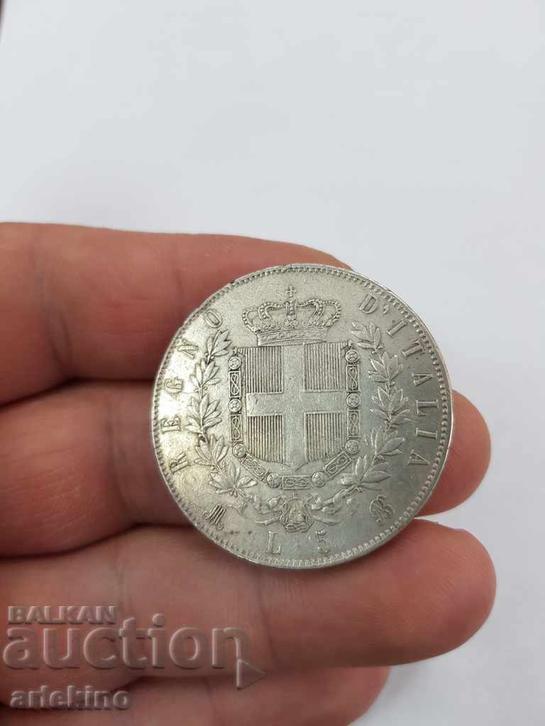 Monedă italiană de argint rar 5 lire 1872