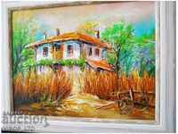 BZC! thin Dimitar Genev, oil painting OLD, VILLAGE HOUSE