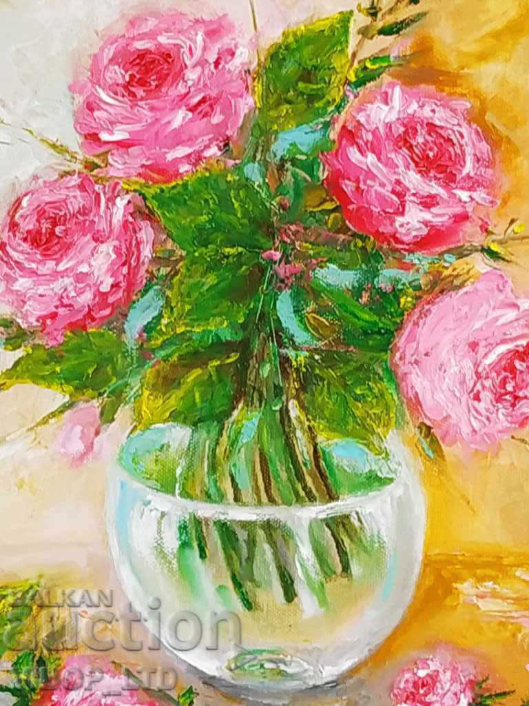 VASE WITH ROSES, artist, oil on canvas, outer frame