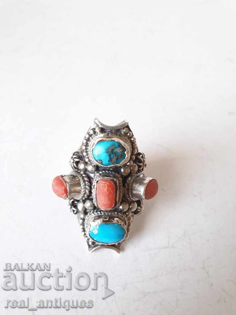 Old silver ring with red coral and turquoise