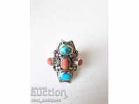 Old silver ring with red coral and turquoise