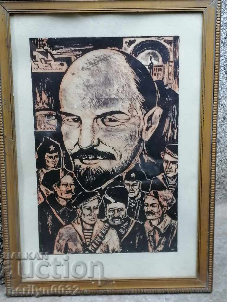 Портрет на Ленин графика ОРИГИНАЛ  53/37см НРБ СССР
