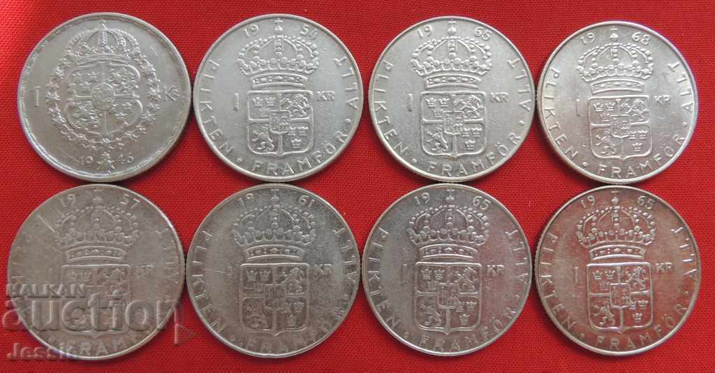lot of 8 coins x 1 kroner Sweden different years