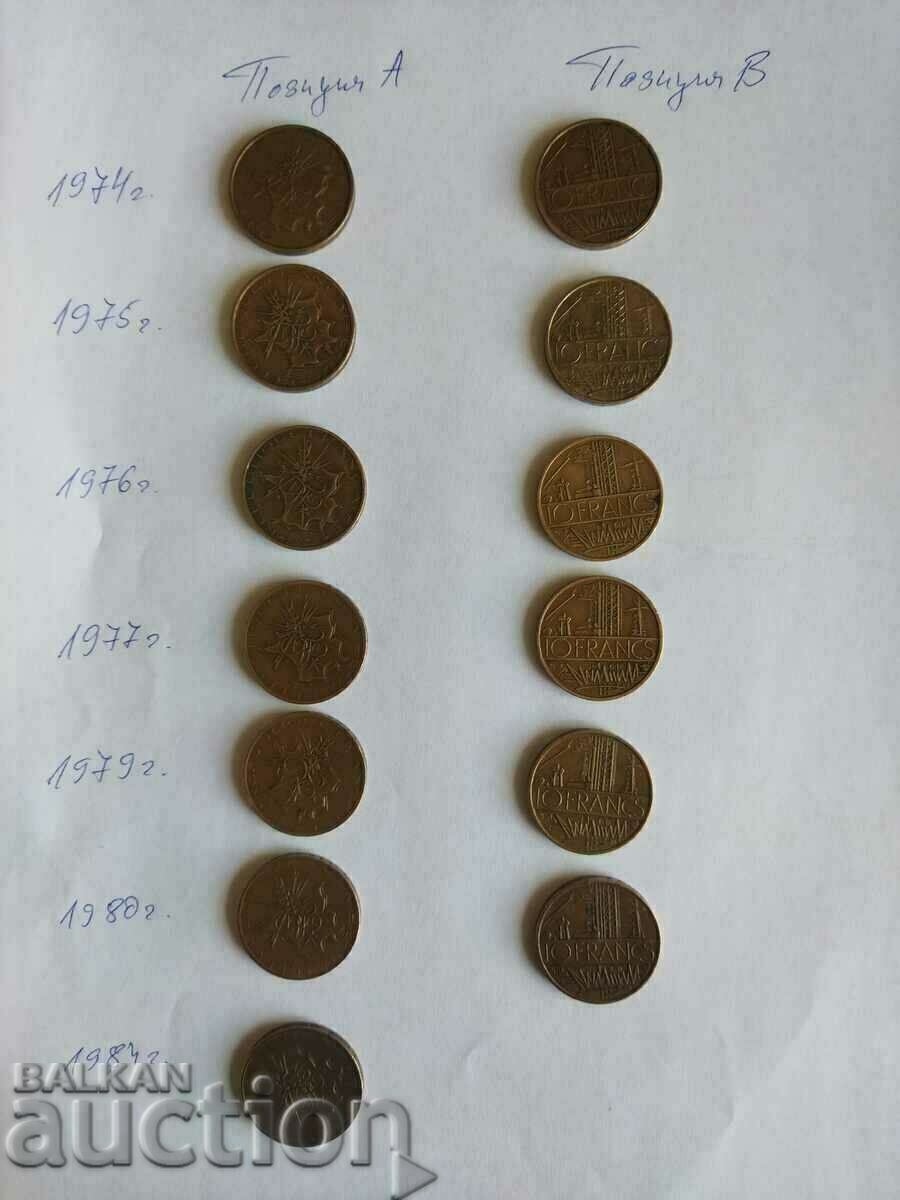 13 x 10 francs 1974, 75, 76, 79, 80, 84. TYPE 1 and TYPE 2