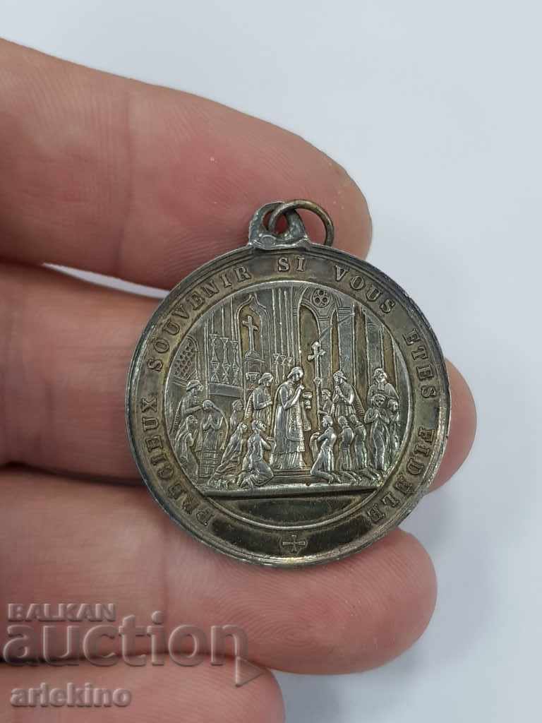 Рядък сребърен европейски религиозен медал 1874 г.