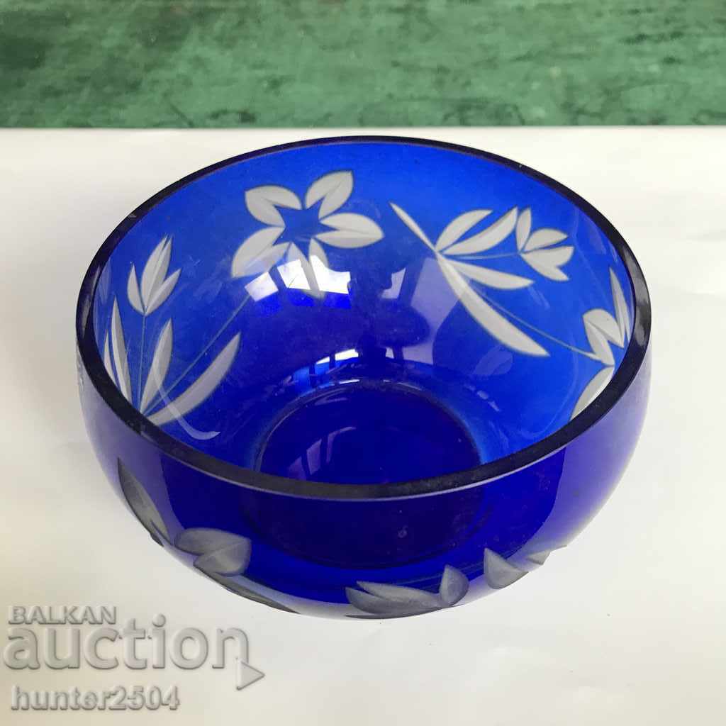 Cobalt engraved glass bowl, diameter 14 cm, height 9 cm