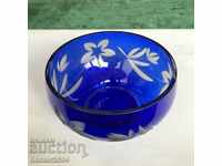 Cobalt engraved glass bowl, diameter 14 cm, height 9 cm