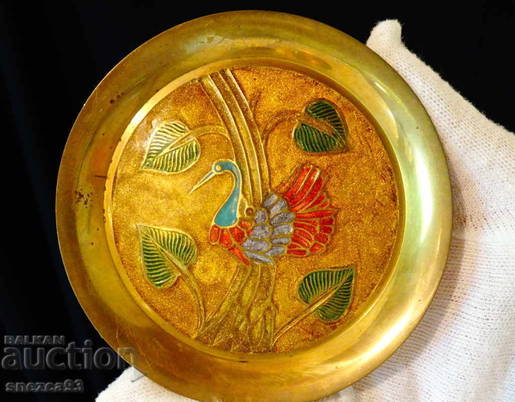 Delivery of Bronze plate, cellular enamel Peacock.