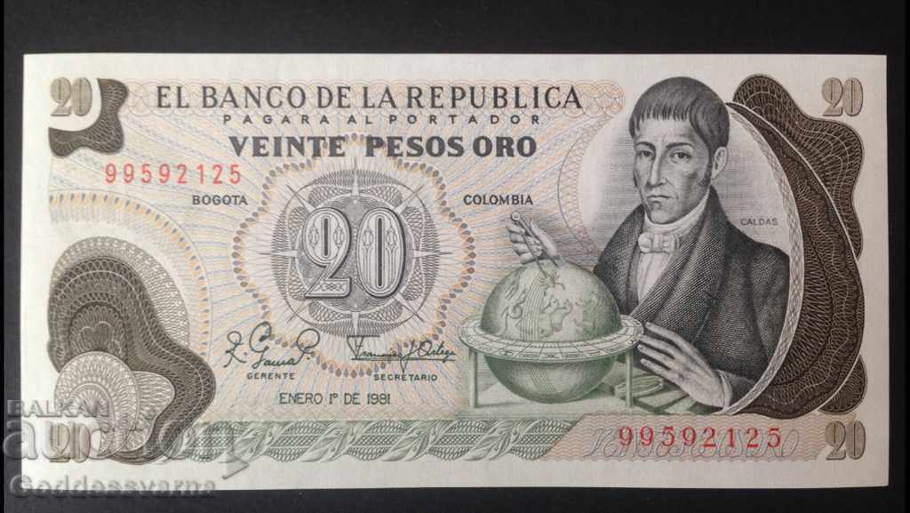 Colombia 20 Pesos Oro 1981 Pick 409 Ref 2125 with price 12.50 BGN | € 6.39