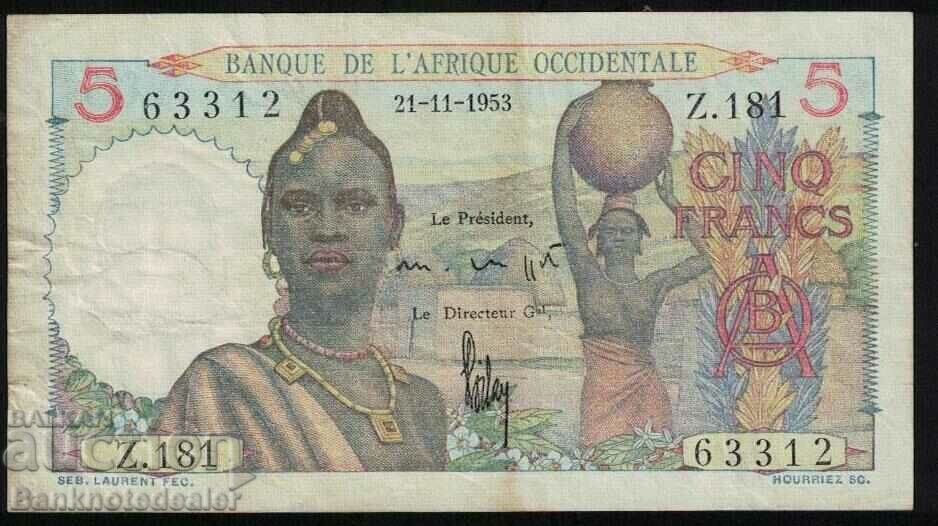 Africa de Vest Franceză 5 Franci 1953 Pick 36 Ref 3312
