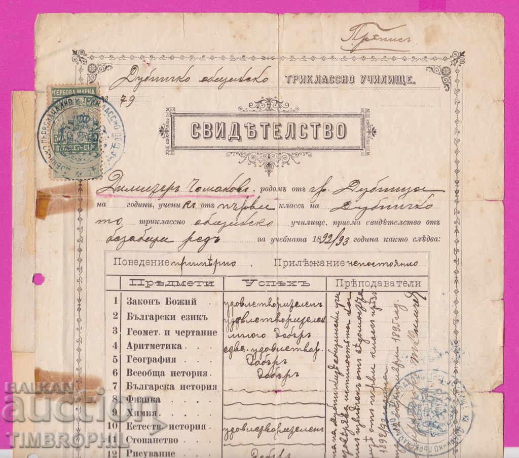 262981/1893 Dupnitsa - certificate, coat of arms with price 20.00 BGN | € 10.23 262981/1893 Dupnitsa - certificate, coat of arms with price 20.00 BGN | € 10.23