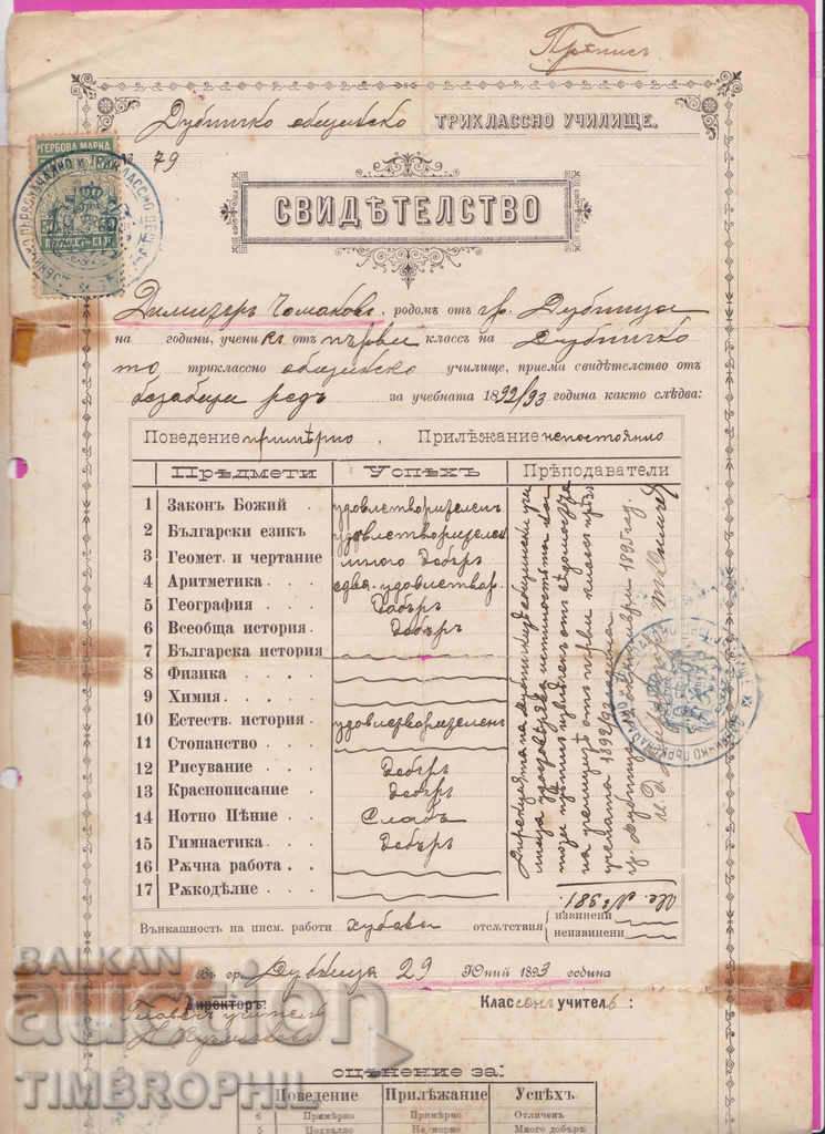 262981/1893 Dupnitsa - πιστοποιητικό, εθνόσημο