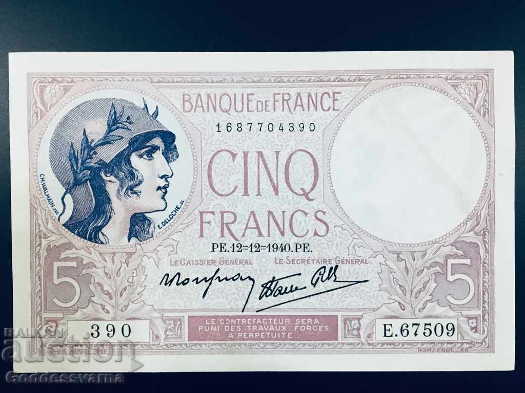 France 5 francs 1940 Pick 83 Unc Ref 390