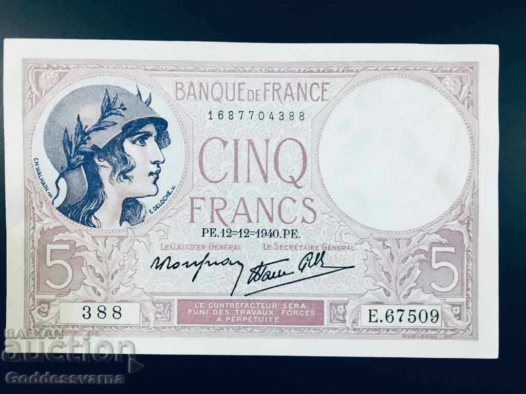 France 5 francs 1940 Pick 83 Unc Ref 388