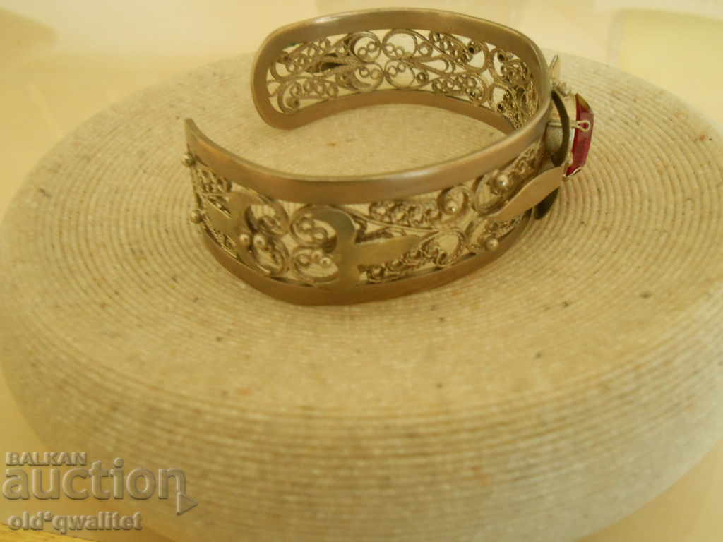 Unusual, old bracelet, filigree with a red accent - 5
