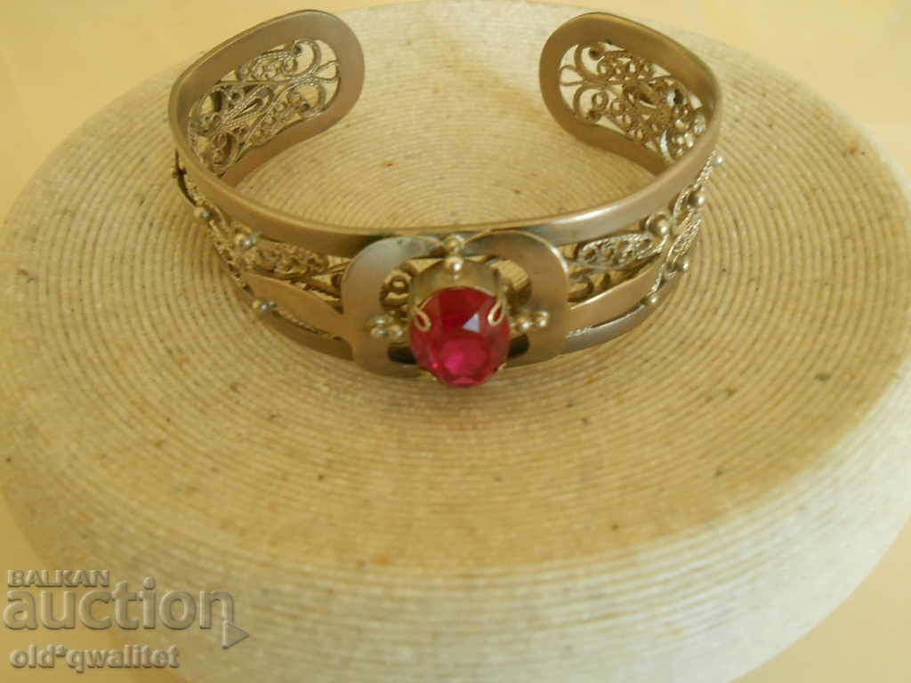 Unusual, old bracelet, filigree with a red accent - 6