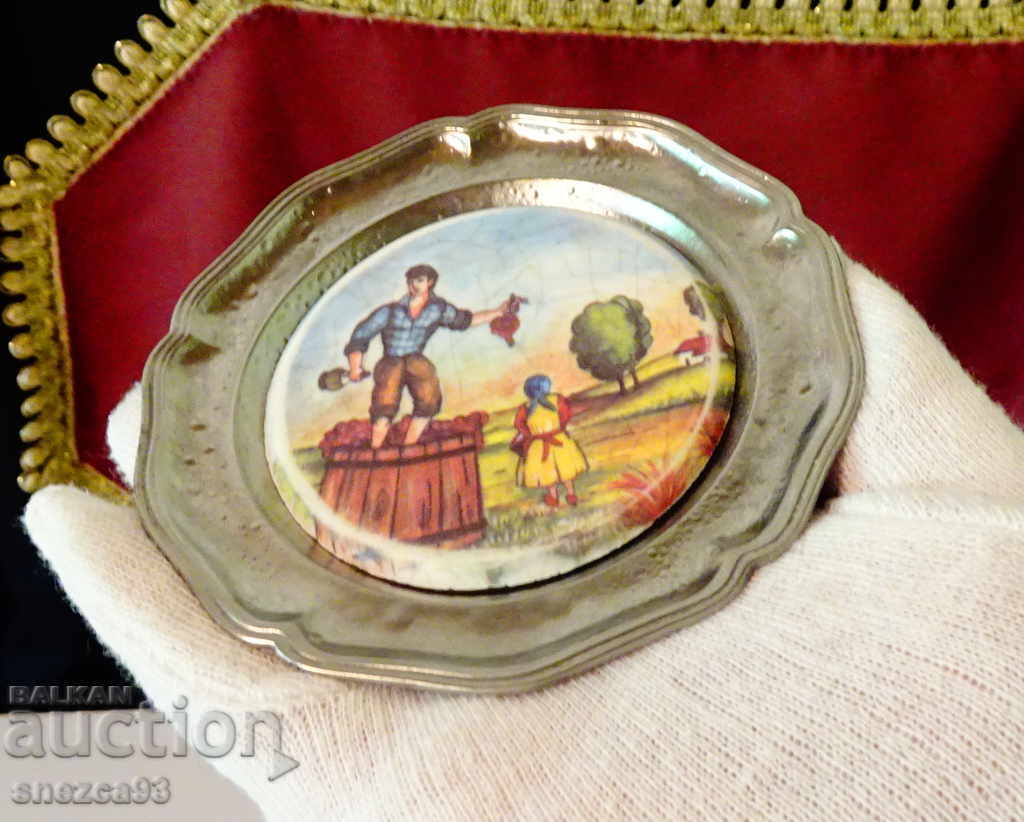 Pewter Plate with Wine Production Painting