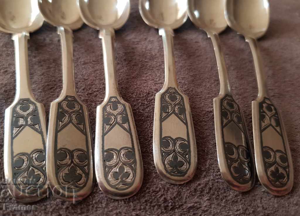 Аукцион 6 броя 1896 Сребърни с ниело лъжички сребро 84 ЦАРСКА Русия Аукцион 6 броя 1896 Сребърни с ниело лъжички сребро 84 ЦАРСКА Русия