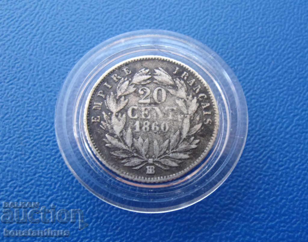 Франция  20  Сантим  1860  Сребро  Rare с цена € 10.23 | 20.01 лв.