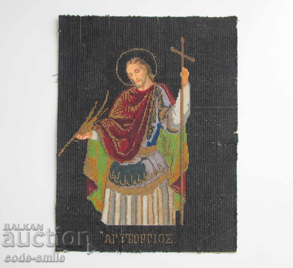 19th century old tapestry icon hand embroidery and gold beads