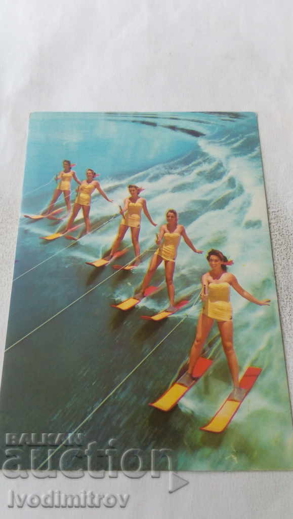 Postcard Five girls on water skis