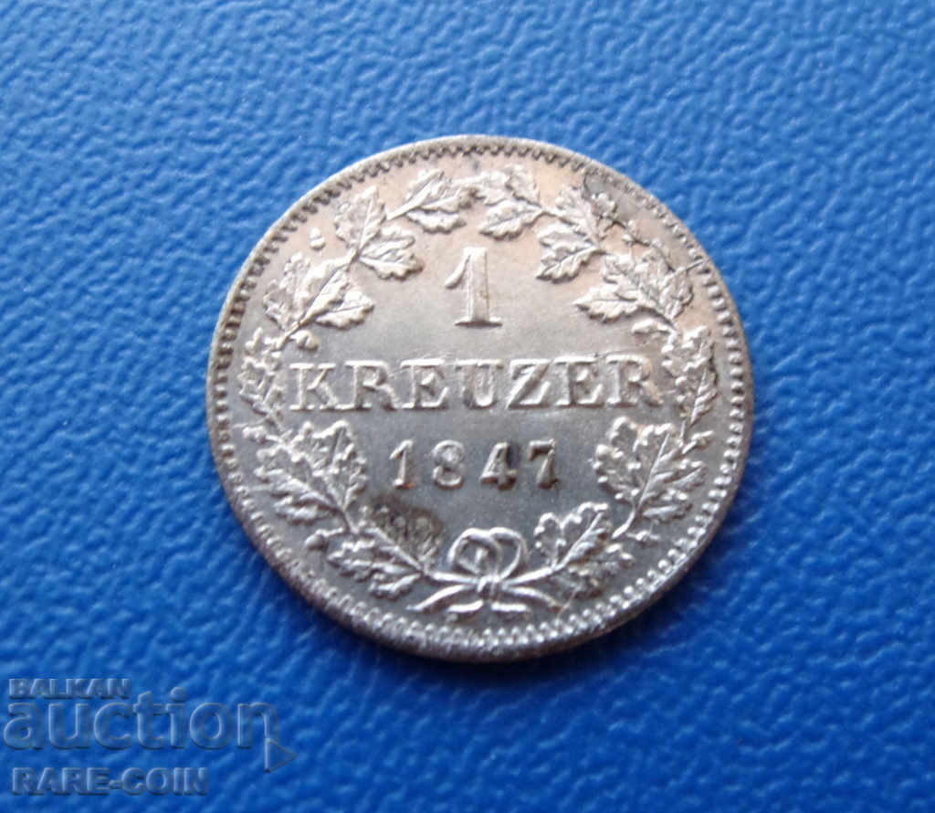 RS (29) Württemberg 1 Kreuzer 1847 Silver Rare