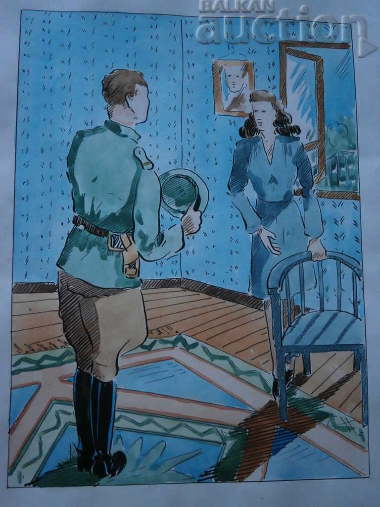 Auction  Drawing painting watercolor 40s WW2 WWII