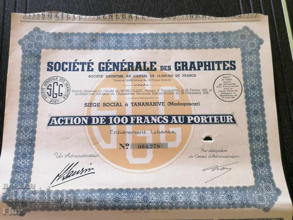 Action from France Societe Generale des Graphites 1938 with price 20.00 BGN | € 10.23