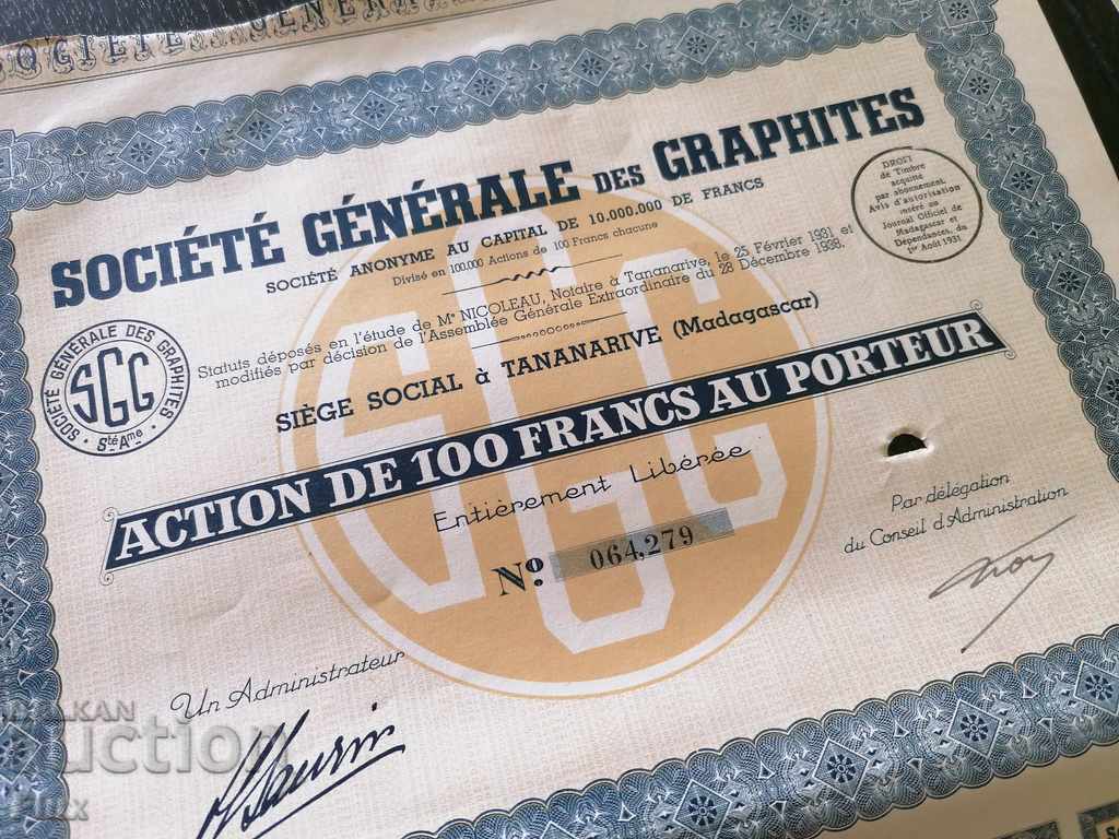 Auction  Action from France Societe Generale des Graphites 1938
