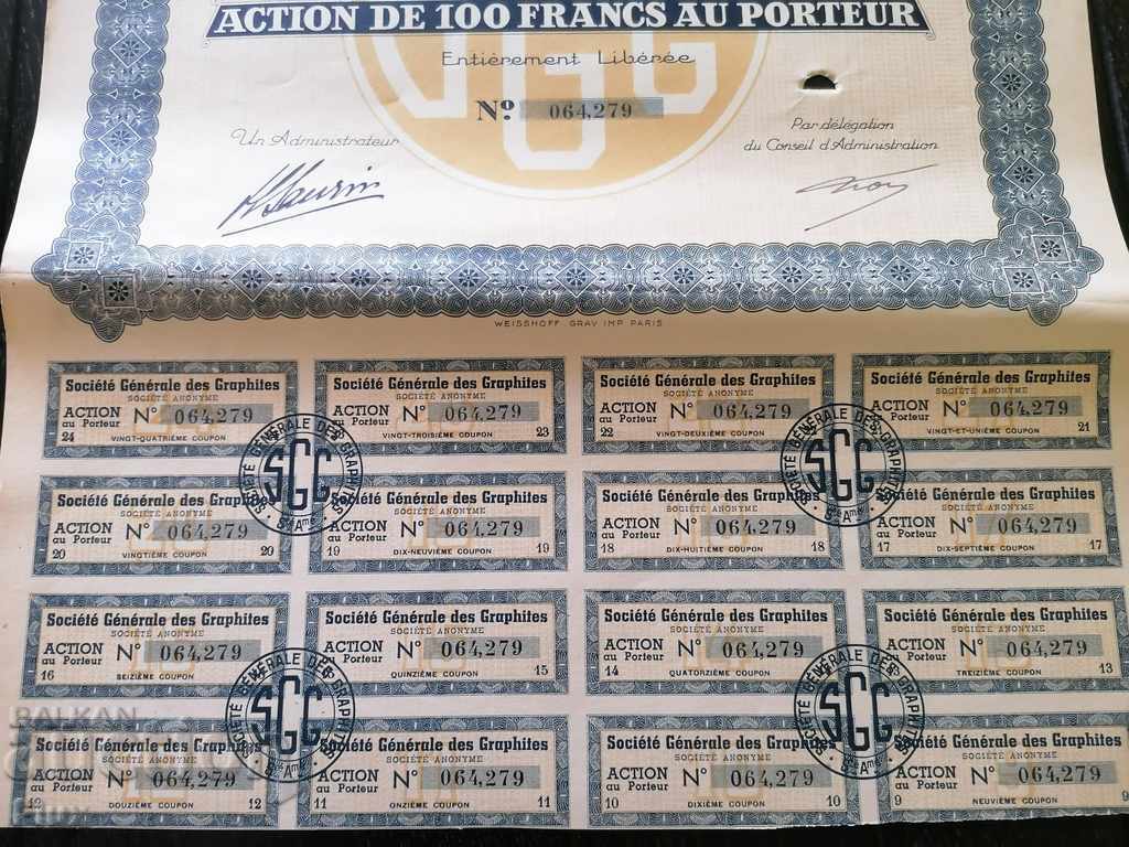 Delivery of Action from France Societe Generale des Graphites 1938