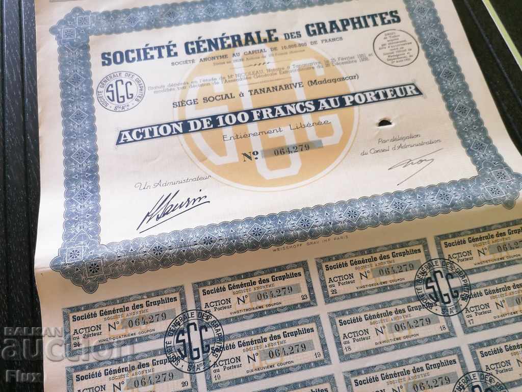 Action from France Societe Generale des Graphites 1938 - 5