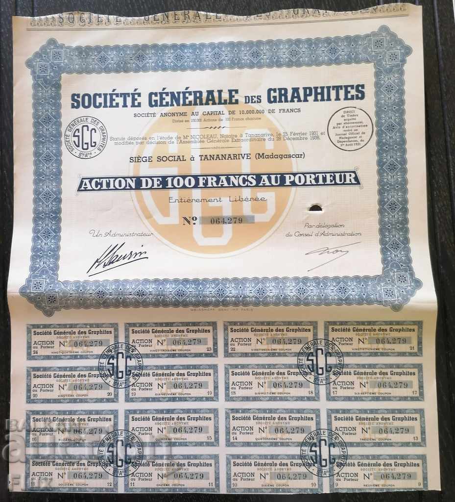Акция от Франция | Societe Generale des Graphites | 1938г.