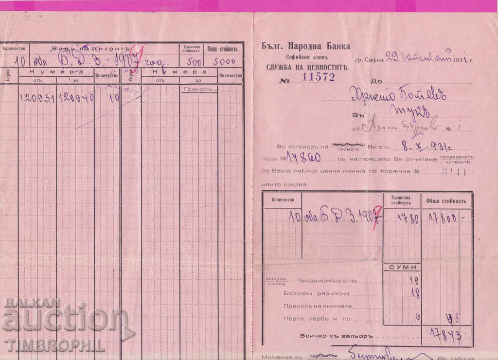 Auction 265549 / Bulgarian National Bank Values Service Sofia 1931 Auction 265549 / Bulgarian National Bank Values Service Sofia 1931