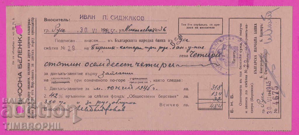 265560 / Banca Națională Bulgară Nota de import Ruse 1945