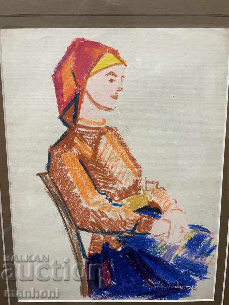Auction  1520 Danail Dechev Girl drawing pastel Size 40/49 cm.