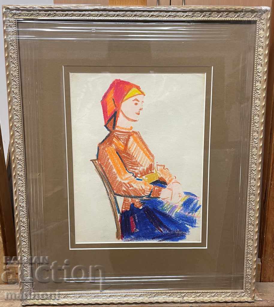 1520 Danail Dechev Fată desen pastel Dimensiune 40/49 cm.